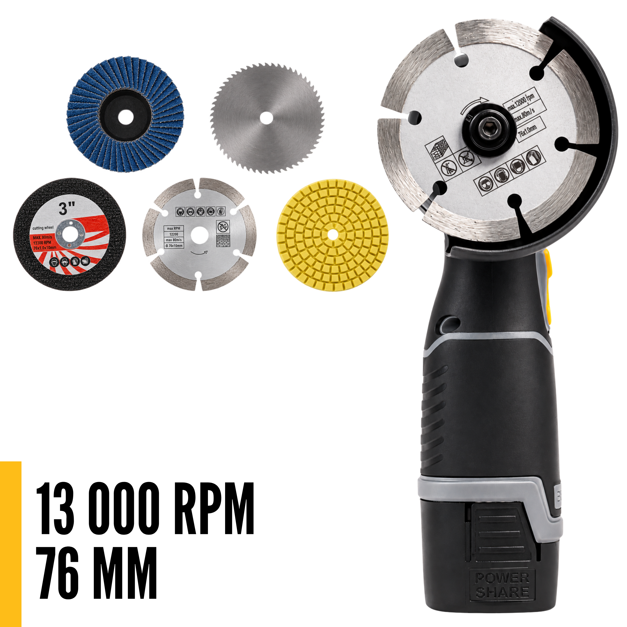 13 000 obr./min i tarcza 76 mm